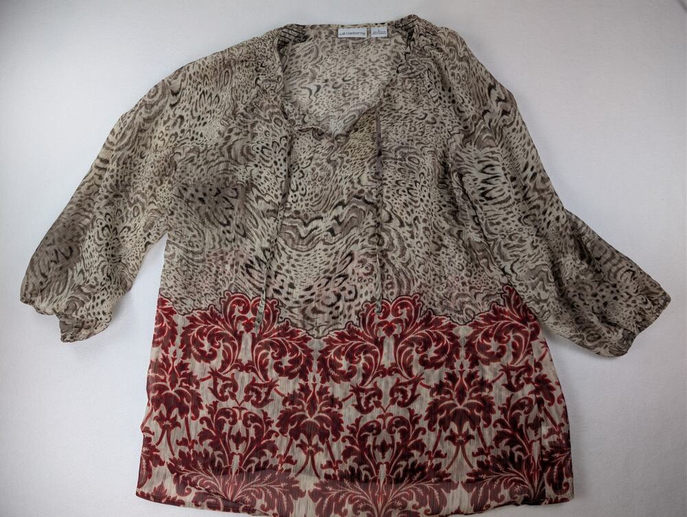 Liz Claiborne Animal Print Boho Peasant Blouse Red Border 3/4 Sleeve